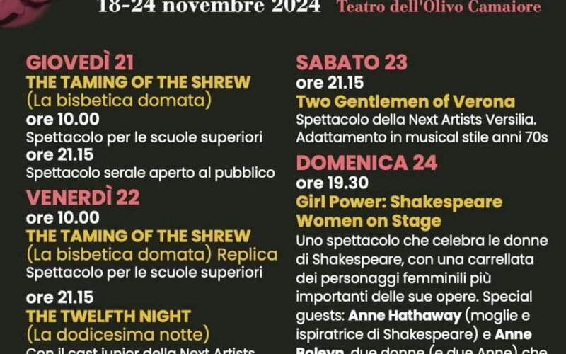 Shakespeare Festival: la XX edizione dal 18 al 24 novembre al Teatro dell’Olivo di Camaiore